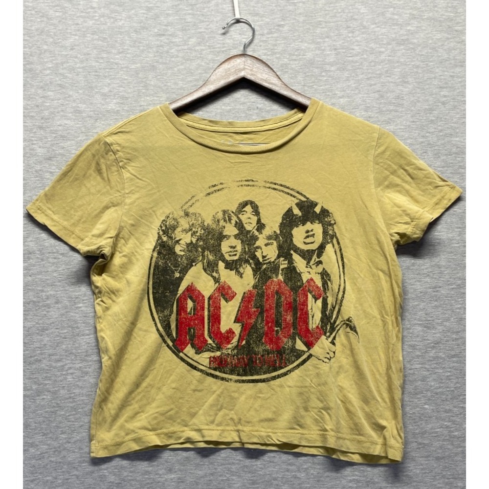 AC/DC Cropped T-Shirt Top Womens M Yellow Band Members Graphic Print Round Neck